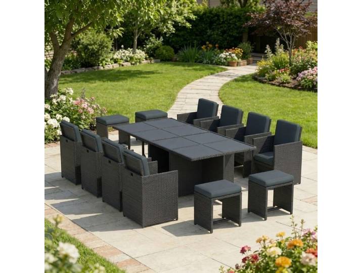 Salon de jardin encastrable 12 places en résine tressée – Table + fauteuils + tabourets – Ensemble repas extérieur moderne gris