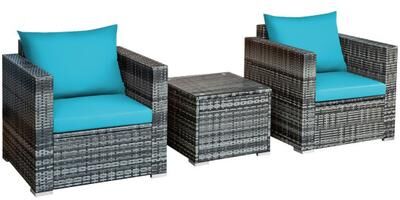 Costway 3 Pieces Patio Rattan Furniture Bistro Sofa Set with Cushioned-Turquoise