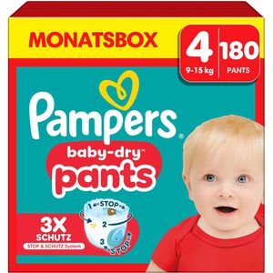 Pampers Windeln Baby-Dry Pants, Größe 4, 9-15 kg, mit Stop & Schutz Täschchen, 180 Stück
