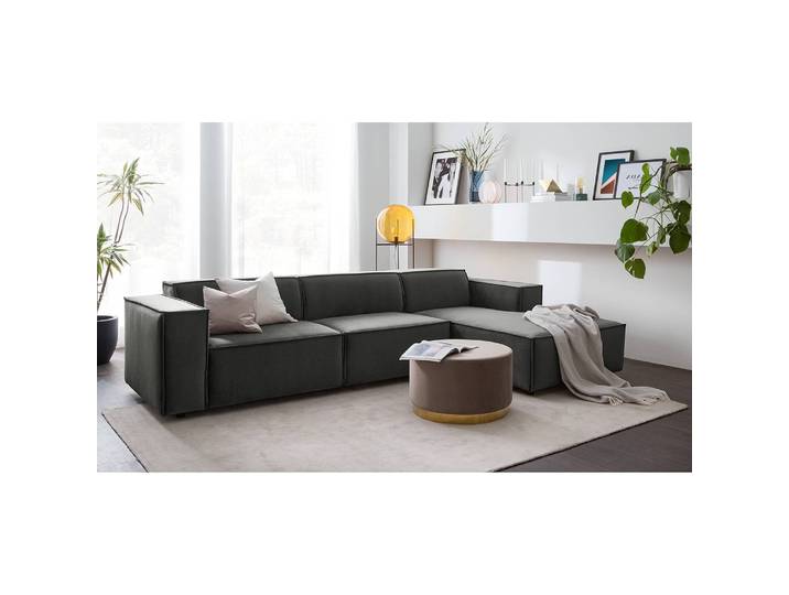 Ecksofa mit Longchair Grau/Grau Samt Shyla 294cm Longchair davorstehend rechts Keine Funktion Glamour