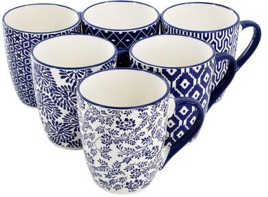 Elama 6 Piece 12 Ounce Assorted Design Stoneware Mug Set in Blue and White