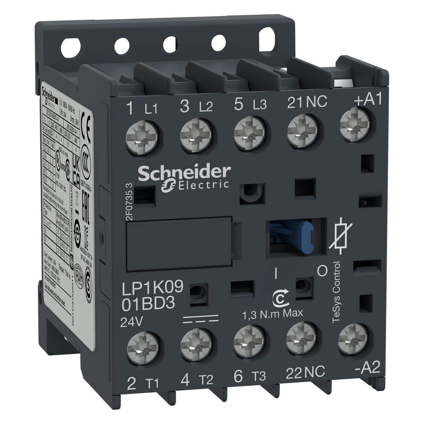 Schneider Electric Schütz,3P,Feder,9A,AC3, 4kW,24Vdc (LP1K0901BD3)