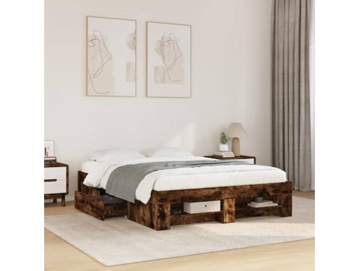 RJPLMFV Bettgestell, rauchfarbene Eiche, 120 x 200 cm, Holz Lattenrost inklusive, Aufbewahrungsschubladen, glatte Oberfläche, feuchtigkeitsbeständig