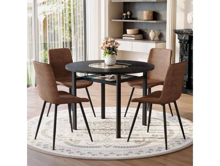 Table a manger avec chaises Table ronde de 100 cm de diamètre en bois noir Adapté pour le salon Le plateau de 2