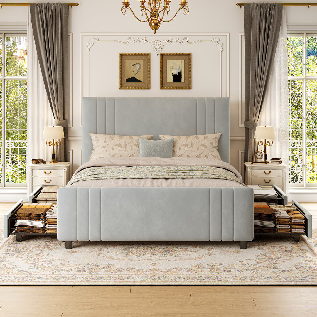 17 Stories Velvet Upholstered Platform Bed with 4 Storage Drawers and Channel-Tufted Headboard Grey Kingsize (5')