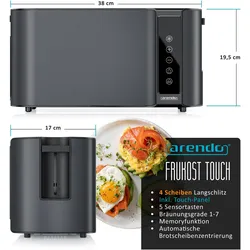 Arendo Frühstücks Set Edelstahl Wasserkocher 1,7l Kessel, Retro & 4-Scheiben Langschlitz Toaster, Cool Grey, Wasserkocher, Grau
