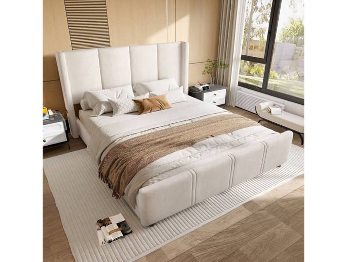Cadre de lit en tissu Logidon 140x190 velours beige connexion USB