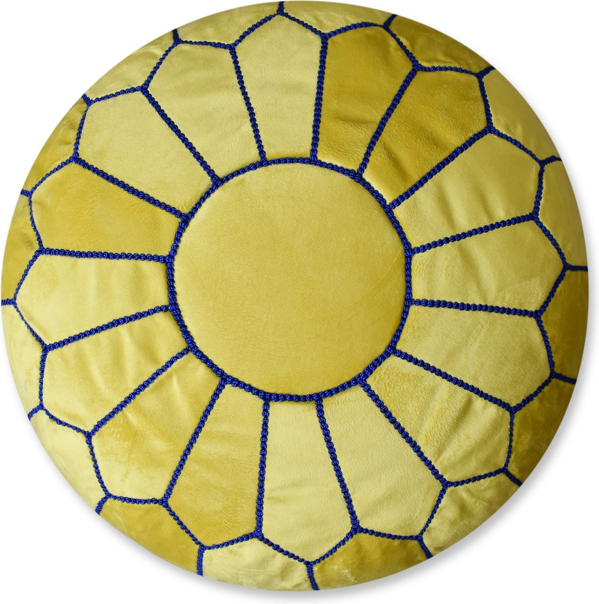Ronde Velvet Poef Geel met Blauw Stiksel
