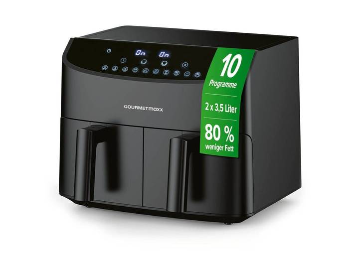 GOURMETmaxx Heißluftfritteuse Doppelkammer-Heißluftfritteuse 2x 3,5L,  Airfryer, 2400 W, Pommes & Nuggets fettarm zubereiten 2400 Watt 9 Funktionen bis 230°