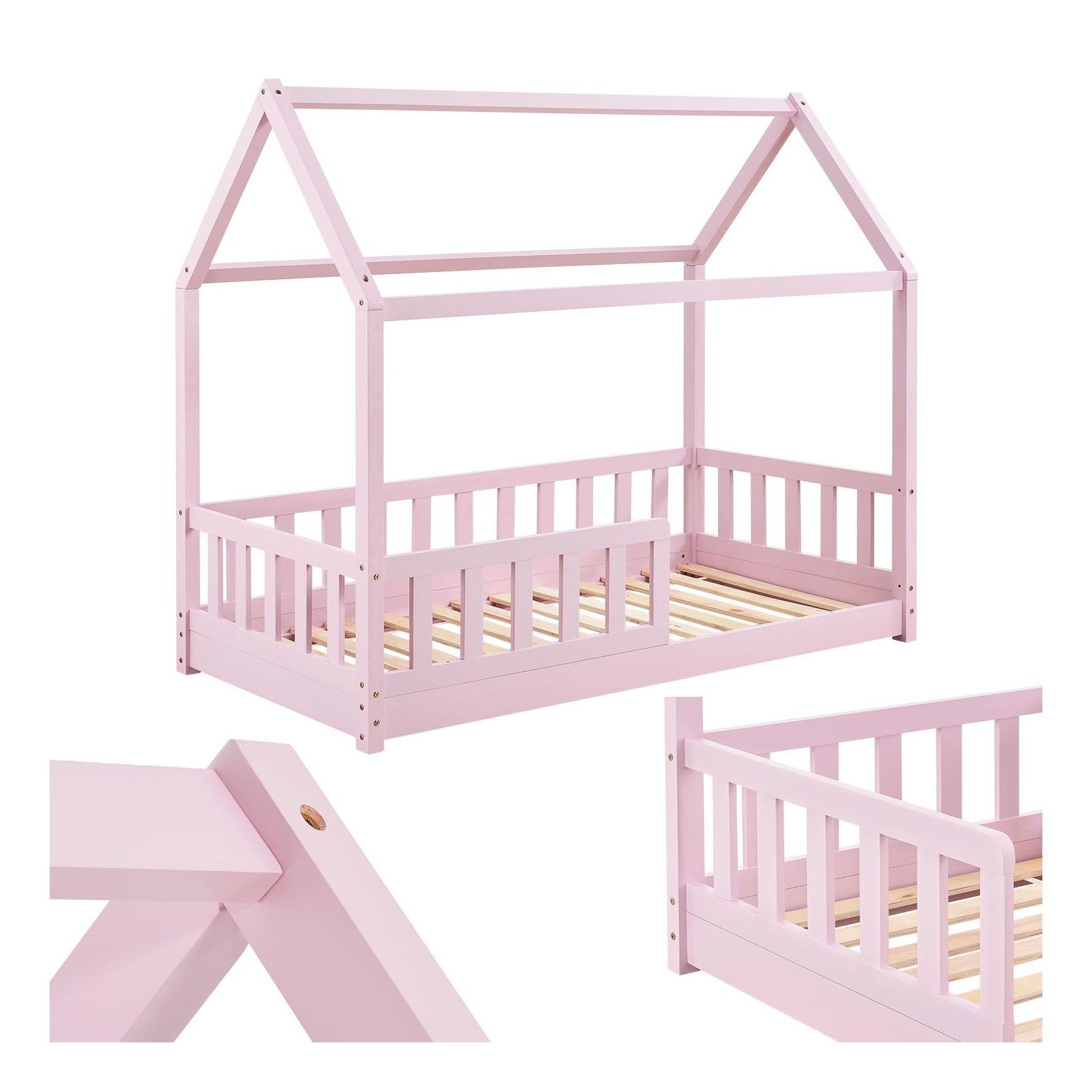 Juskys Kinderbett Marli 80 x 160 cm Rausfallschutz, Lattenrost & Dach Rosa Hausbett Holz