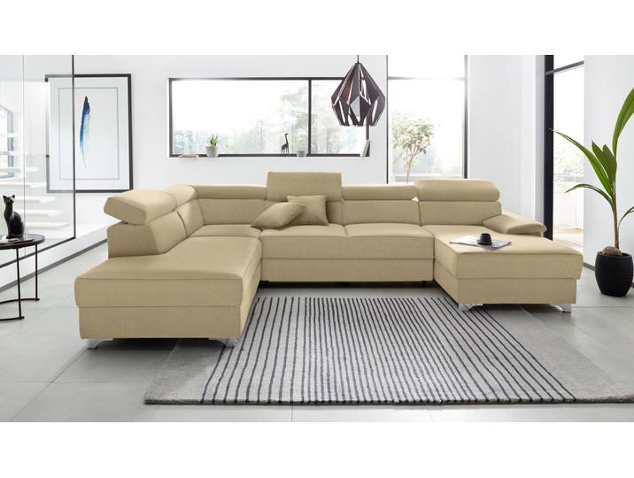 Wohnlandschaft, Beige, 337x230 cm, Luxus-Microfaser, Kopfteilverstellung, Modern, Domo-collection