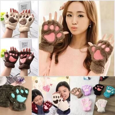 Inspired Finds Cute Cat Claw Winter Half Finger Gloves Thick Fluffy Bear Paw Plush Fingerless Mittens For Women And Girls black