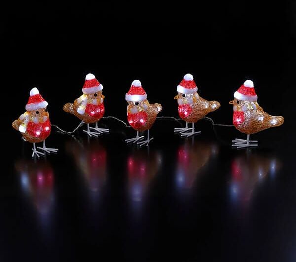 Noma Set of 5 Acrylic Robins With Hat And Scarf String Lights