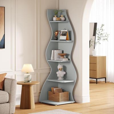 BLUEBELL 5-Tier Curved Wavy Corner Bookshelf, Freestanding Plant Stand Bookcase for Living Room