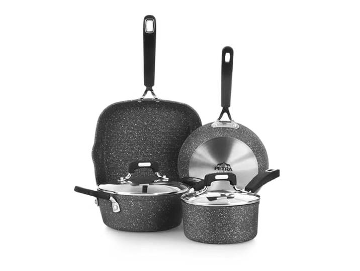 KASANOVA New Petra Dark Topf-Set – Töpfe und Pfannen für Induktion und Backofen bis 180°C, Antihaft-Kochgeschirr mit Griffschutz und Edelstahl-Löffel (6)