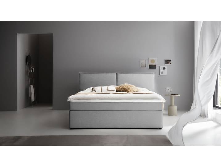 Boxbett, Feinstruktur, Hellgrau, 181×209 cm, Bodentief, Mit Bonnell-Federkernmatratze & Topper, Atlantic Home Collection