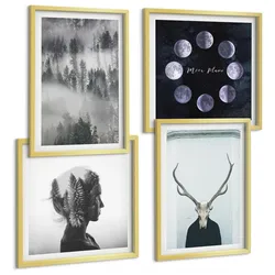 BILDER SET 4er Set - 50x50 cm & 40x60 cm Goldrahmen - Waldnebel, Mond, Schädel, Frau