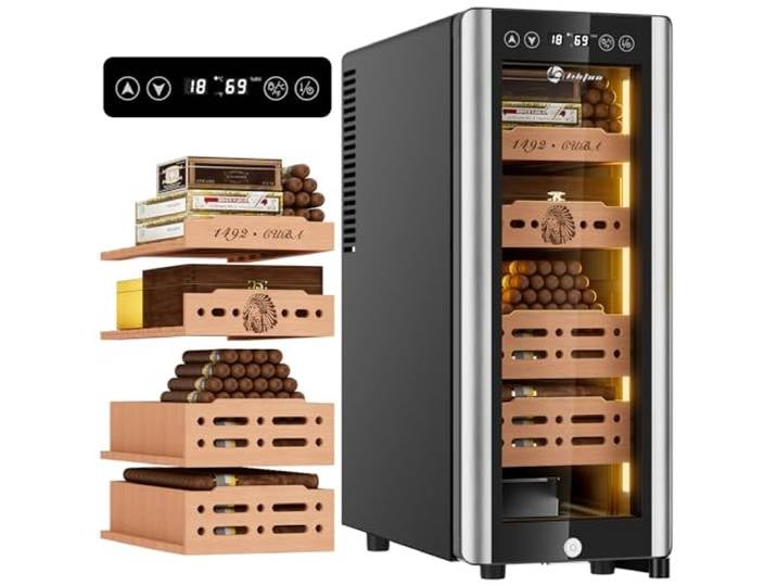 LIHTUN 35L Elektrischer Zigarren Humidor Schrank mit Licht für 250 Zigarren Thermoelektrische Kühlung Einstellbare Temperatur und Luftfeuchtigkeit Digitalanzeige 4 Abnehmbare Zedernregale Schloss