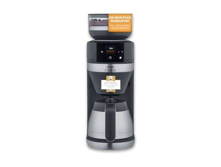SEVERIN Filter-Kaffeemaschine, 2L Thermokanne, bis zu 10 Tassen Filka, Vollautomat, Mahlwerk, Timer, Coffee machine, LED-Display, 1520W, verbesserte Version, schwarz, Edelstahl, 9621