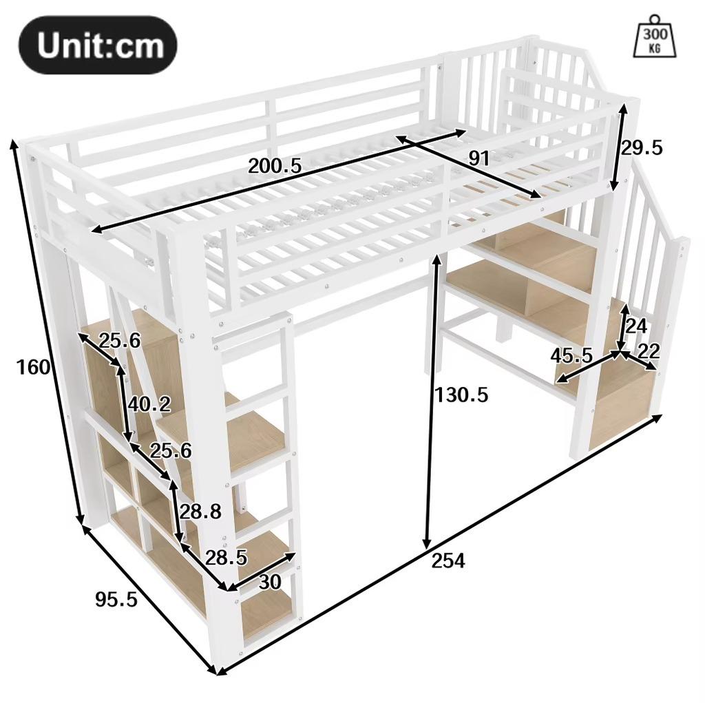Hochbett - Metallgestell - 90 x 200 cm - Integrierte rutschfeste Stufen und separate Leiter - Absturzsicherungen - Seitenfach und Stauraum unter dem Bett - Weiß