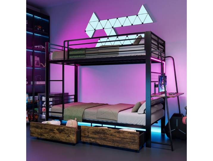 Lit Superposé Métal 90x200cm-Lit Superposé 2 Places avec 2 Tiroirs-Cadre De Lit avec Échelle Sécurisée-Noir-sans Matelas