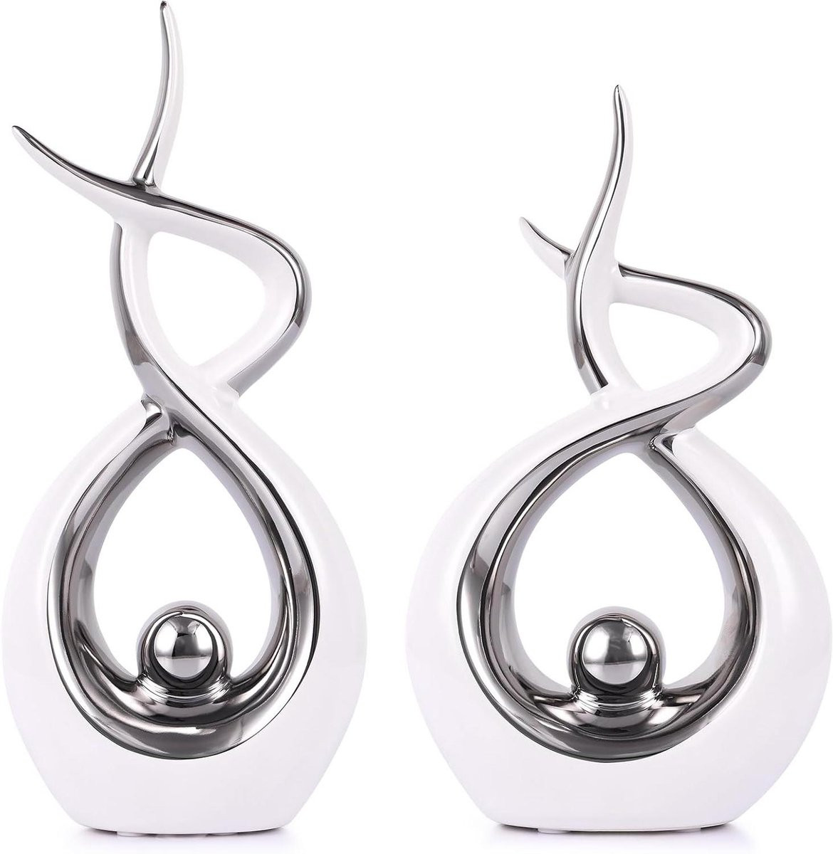 Abstract Keramisch Beeldhouwwerk Wit Zilver - 16 Delig Modern Art Deco Standbeeld voor op Tafel