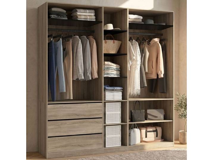 IDMARKET Dressing TAYLOR 200 x 55 x 200 cm avec penderies + étagères + tiroirs hêtre et noir