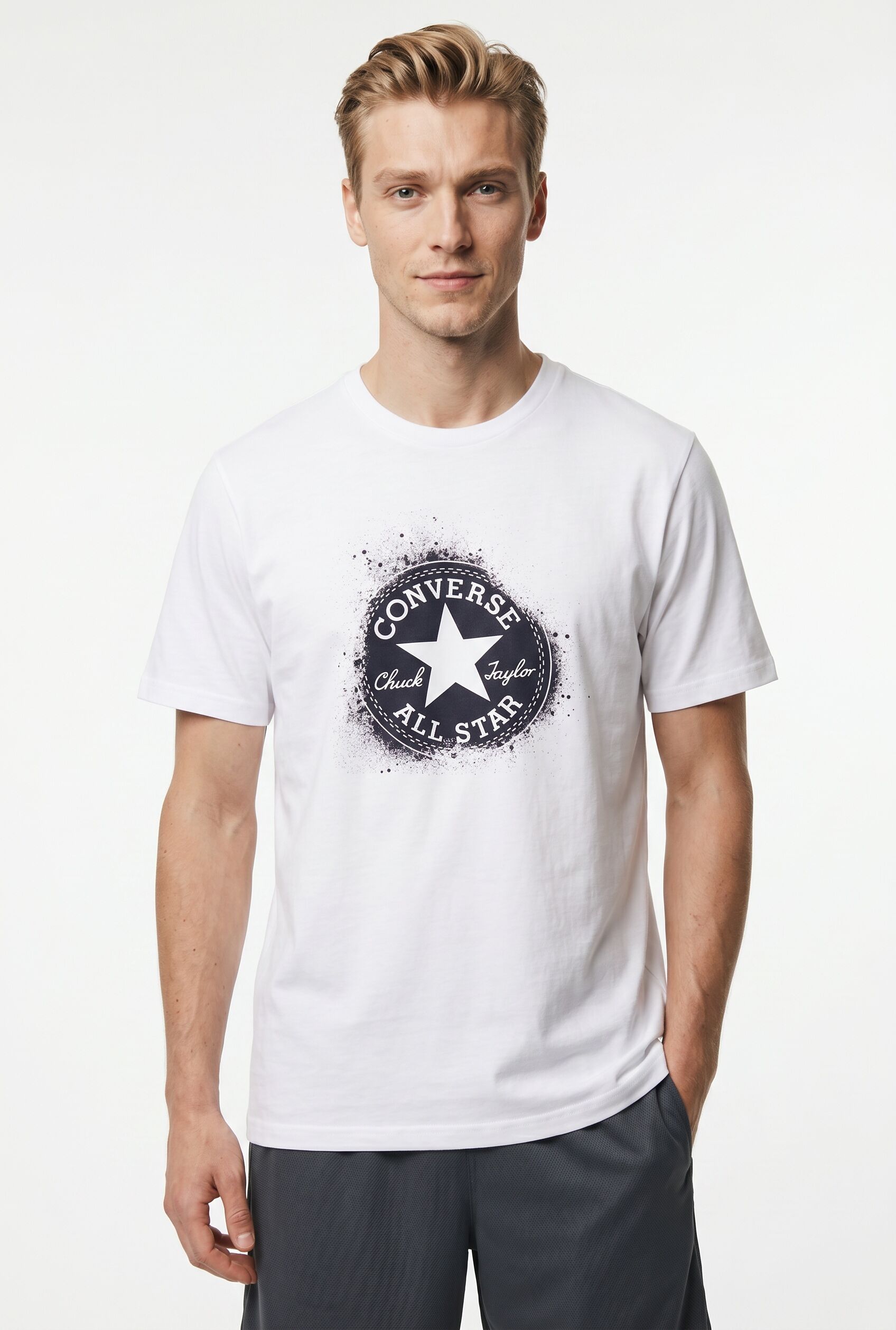 T-Shirt CONVERSE "MEN'S CONVERSE ALL STAR STENCIL T-SHIRT", Herren, Gr. XS, weiss (weiß), Obermaterial: 100% Baumwolle, unifarben, Rundhals, eingesetzt, Shirts T-Shirt, unifarbenes Design, Kurzarm, Rundhalsausschnitt mit eingefasster Kante weiß XS