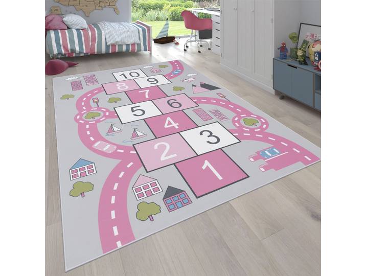 Kinderteppich PACO HOME Bino 569 , pink, B:200cm H:4mm L:290cm, Polyester, Teppiche, Kinderteppich, Kurzflor, Strassen-Spiel-Teppich & Motiv Hüpfkästchen Himmel & Hölle