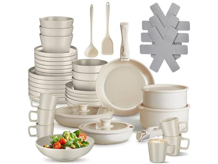 tectake® Küchenstarterset 6 Personen, Steingut Geschirr Set, Teller, 3 Pfannen, 2 Töpfe, rostfreies Aluminium, Kochtopf Set, Töpfe Set, kratzfest, inkl. 5 Küchenwerkzeuge - taupe/weiß, 46-tlg.