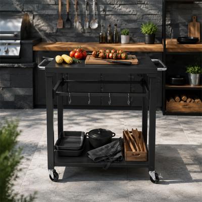 DEVERA 2-Tier Rolling Grill Cart with Locking Wheels & Tool Hooks, Outdoor BBQ Prep Table, Serving Bar Cart