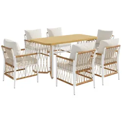 OKWISH Standard Outdoor-Tisch-und-Stuhl-Set aus Eisen, Polyester und Kunststoffholz in Beige/Braun/Natur, 159,5x77,5x75 cm, 7-teilig