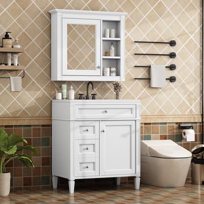 GDFStudio - Ravensden Modern Freestanding Bathroom Vanity Set with Ceramic Sink and Mirror Cabinet with a Tip-out Drawer - 30'W