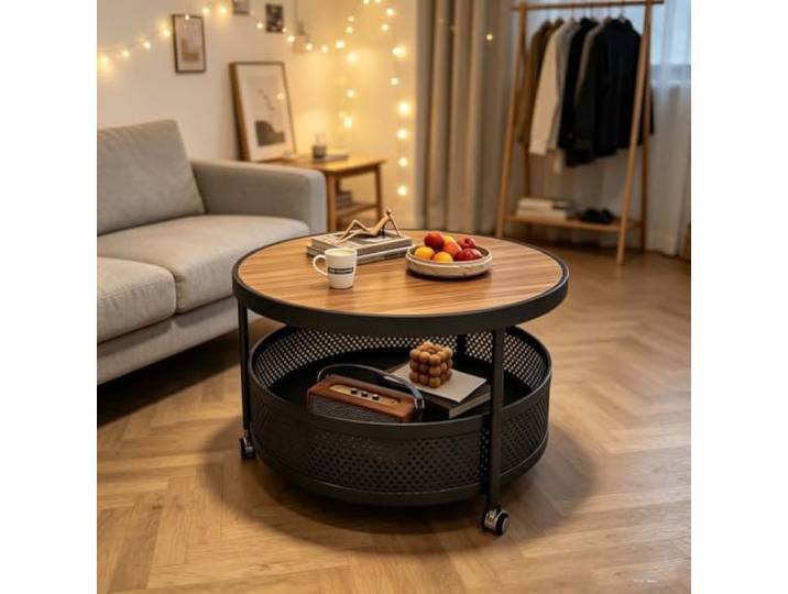 kumamart Runder Beistelltisch mit Korbfach, 2 Etagen Mobiler Couchtisch 2-etagiger runder Couchtisch mit unterem Gitterkorb und rostfreiem Metallrahmen.