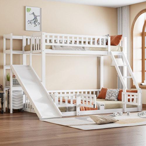 Kinderspiel-Etagenbett mit Rutsche, Regalen & Leiter aus Kiefernholz, Weiß, EN747-, ideal für Spiel und Komfort, Abmessungen: 90x200cm