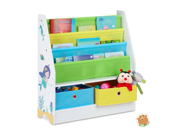 Kinderregal mit 2 Boxen & 3 Hängefächern Weiss-Grün-Hellblau