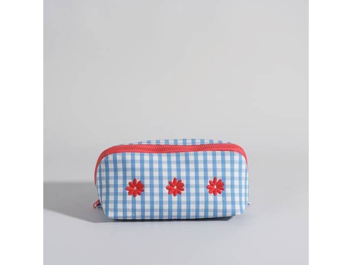 Große Kosmetiktasche mit rosa Vichy-Karo und Blumenmuster