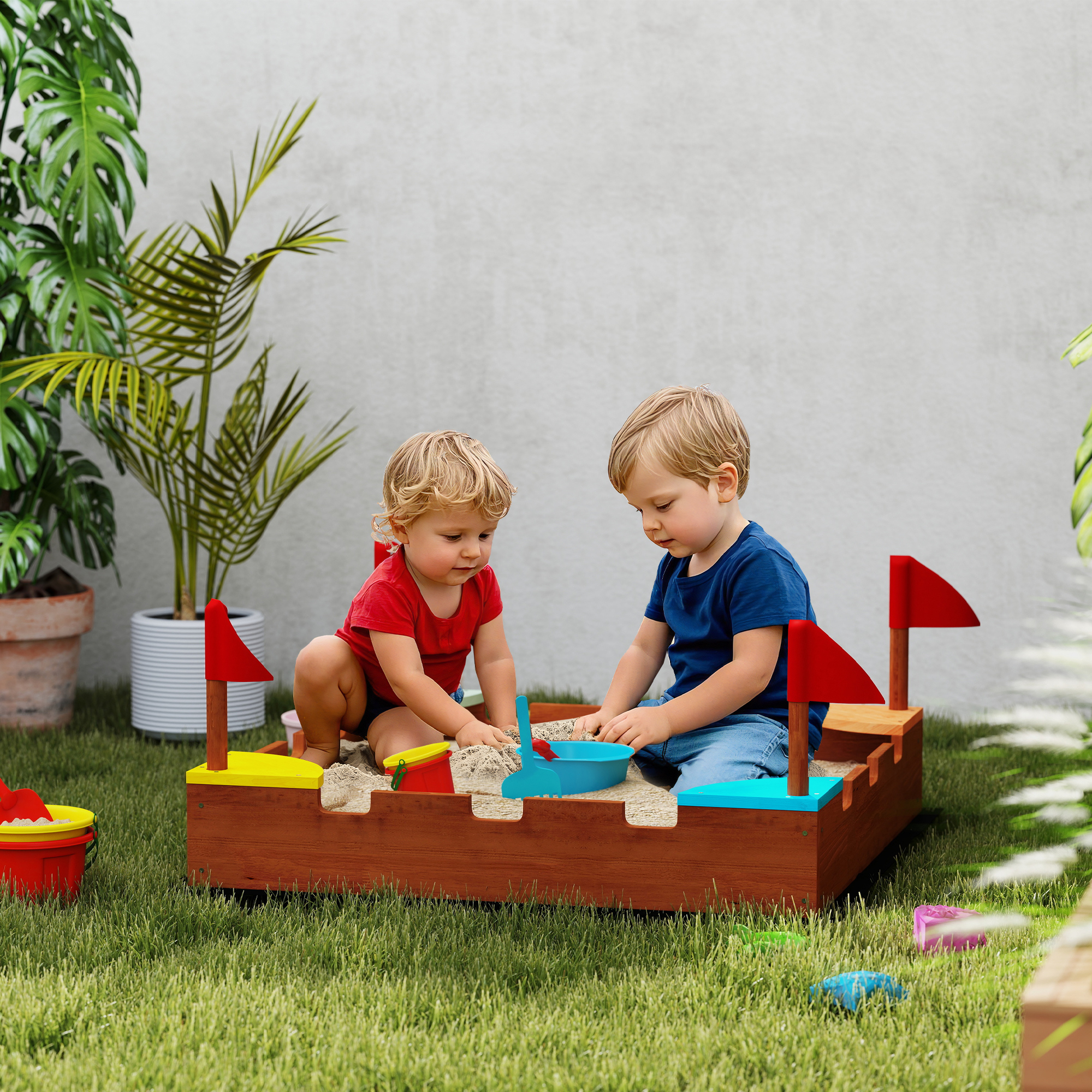 Aiyaplay Sabbiera per Bambini 3-7 Anni a Forma di Castello con 4 Sedute in Legno di Abete, 90x90x17 cm, Multicolore   Aosom Italy