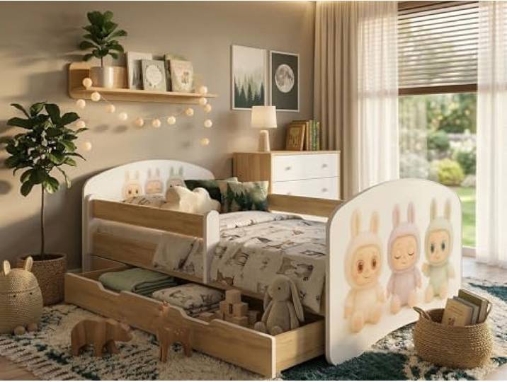 Happy Babies Kinderbett - mit Rausfallschutz Junge 140x70 Bett für Kinderzimmer mit Schublade & Matratze Einzelbett für Kinder Weiß/Helle Birne News BUBU (Nr 4)
