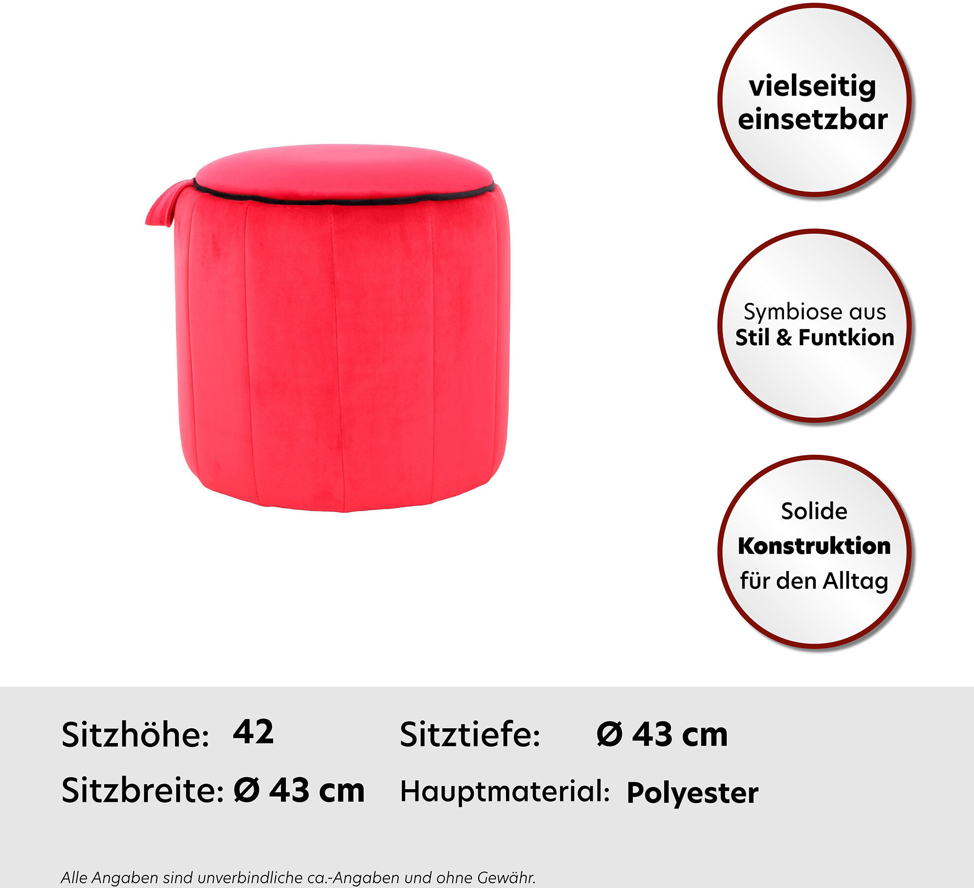 Sitzhocker KAYOOM "Hocker Reese, Sitzhocker mit Komfort, samtweiche Oberfläche", rot, B:43cm H:42cm T:43cm, Bezug: 100% Polyester Korpus: Kiefernholz, MDF, Hocker, Sitzhocker, samtweich, dekorativ, detailreich, attraktive Farbgebung rot B/H/T: 43cm x 42cm