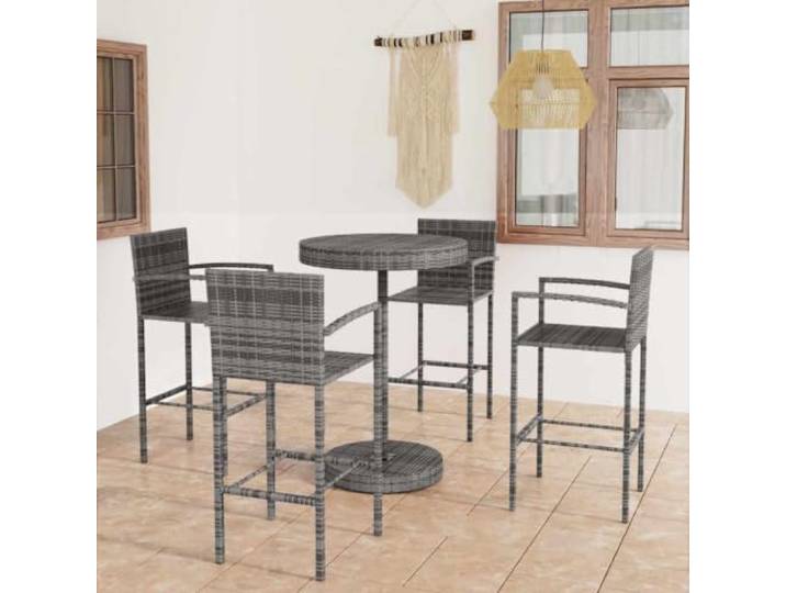 Pulverbeschichtetes Stahlgestell Wetterbeständiges PE Rattan 5 tlg. 5-tlg. Gartenbar-Set Poly Rattan Grau Bistro Tisch 4 Barhocker Balkon Terrasse Wetterfest Stahl