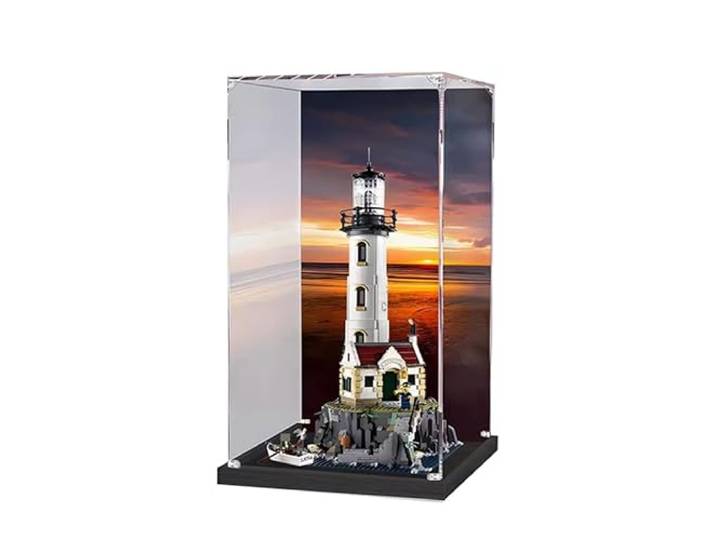 HCAEIOFJ Transparente Acryl-Vitrine für Lego Ideas 21335, anwendbar für motorisierte Leuchtturm-Displaybox, Geschenk (nur Vitrine) (schwarze Unterseite + Hintergrund1)