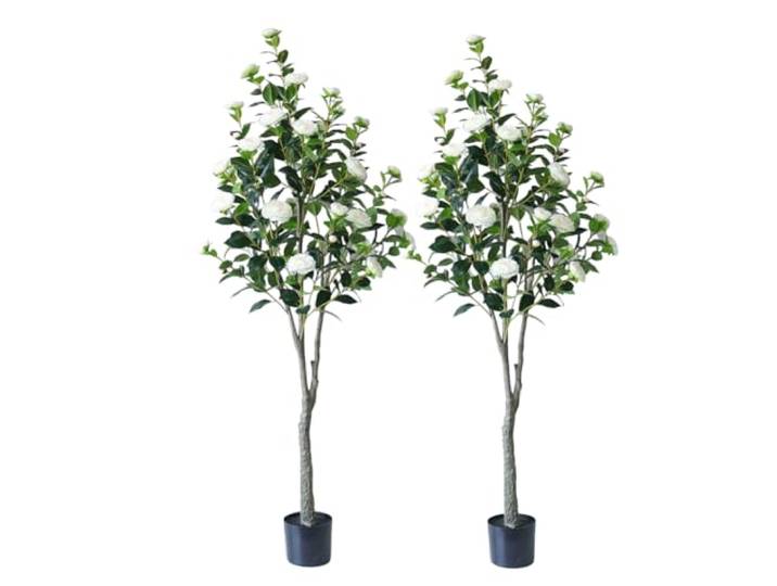 Zstar 180cm Künstlicher Kamelienbaum, 2 Stück Groß Künstliche Kamelienpflanzen im Topf mit Blumen für Innendeko, Groß Realistischer Pflanzen Kamelienbaum Deko für Zuhause, Wohnzimmer, Büro, Garten