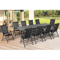 OUTFLEXX Garten-Essgruppe, OUTFLEXX® anthrazit matt, Alu / Spraystone / Textil, Tisch 180/280x100cm, 10 Klappstühle