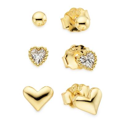 Ohrstecker-Set FIRETTI "Schmuck, Geschenk Ohrringset, Kugel-Optik, 2x Herzen", gold (gelbgoldfarben, kristallweiß, kristallweiß), Ohrringe, Damen, 3mm, Silber 925 (Sterlingsilber), mit Zirkonia (synth.)
