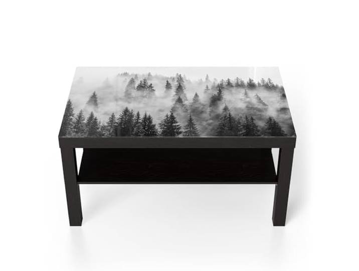 DEQORI Glastisch schwarz groß 90x50 cm Motiv Flüsternde Tannen ausgefallener Beistelltisch aus Glas Hochglanz Couchtisch fürs Wohnzimmer moderner Couch Tisch mit Design