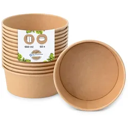 BIOZOYG Salatschale 50 Stück 650 ml braun Suppenschalen Einwegschalen Einweggeschirr Deli Container Bowl to go Kartonschale Einweg Suppenbehälter