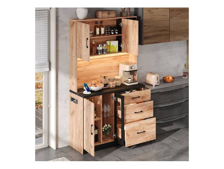 STILVORA Highboard Küchenhochschrank mit Arbeitsplatte einstellbare LED-Beleuchtung (Hochschrank mit Steckdose im Euro-Stil, bietet praktischen Stauraum für Küchenutensilien), für Küchen, Wohnzimmer, Wohnungen