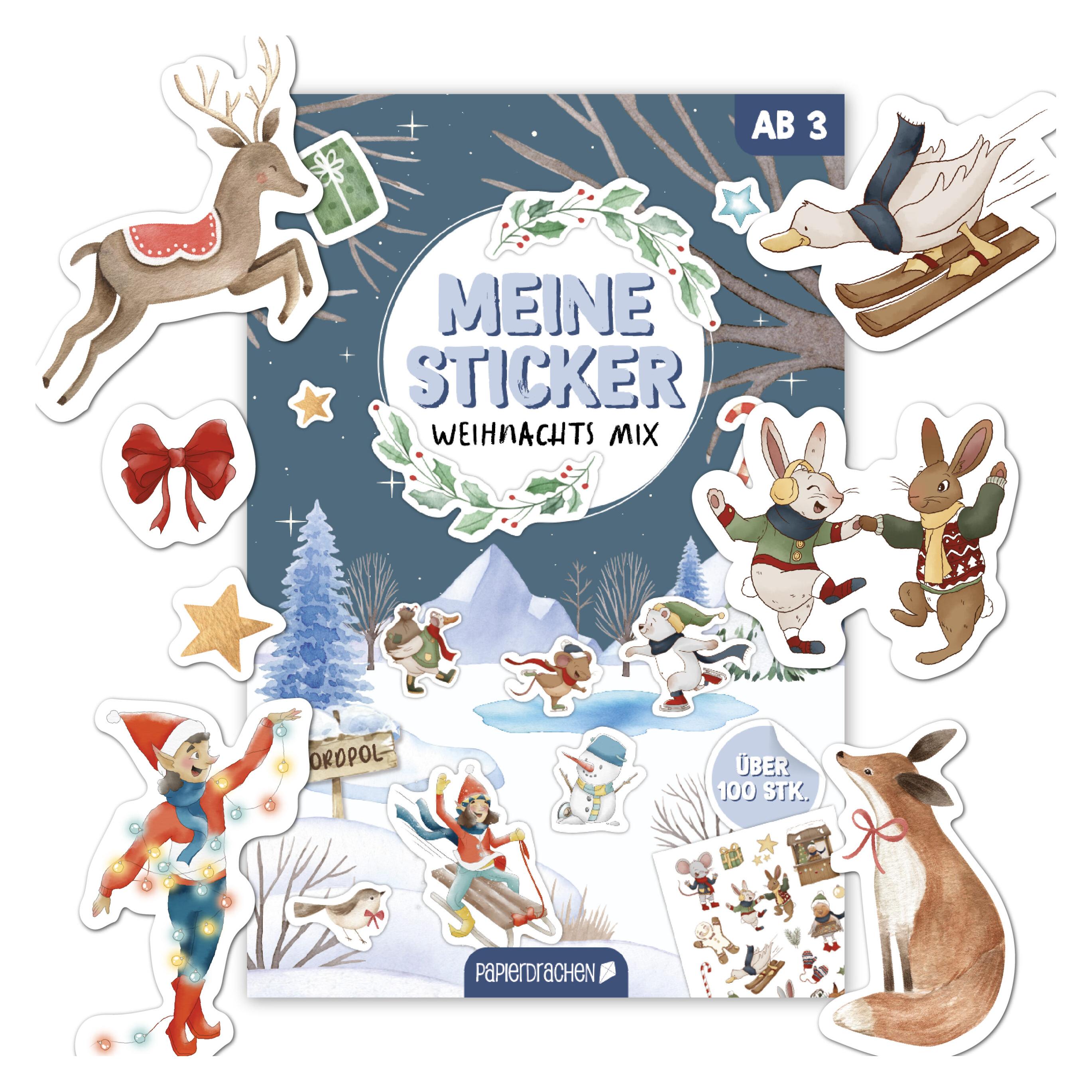 Papierdrachen Stickerblock Weihnachten Aquarell (100 Sticker) (B500-001-001)