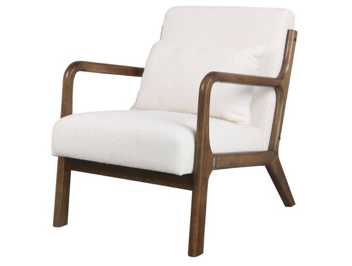 Fauteuil en bois patiné noyer tissu curly ecru